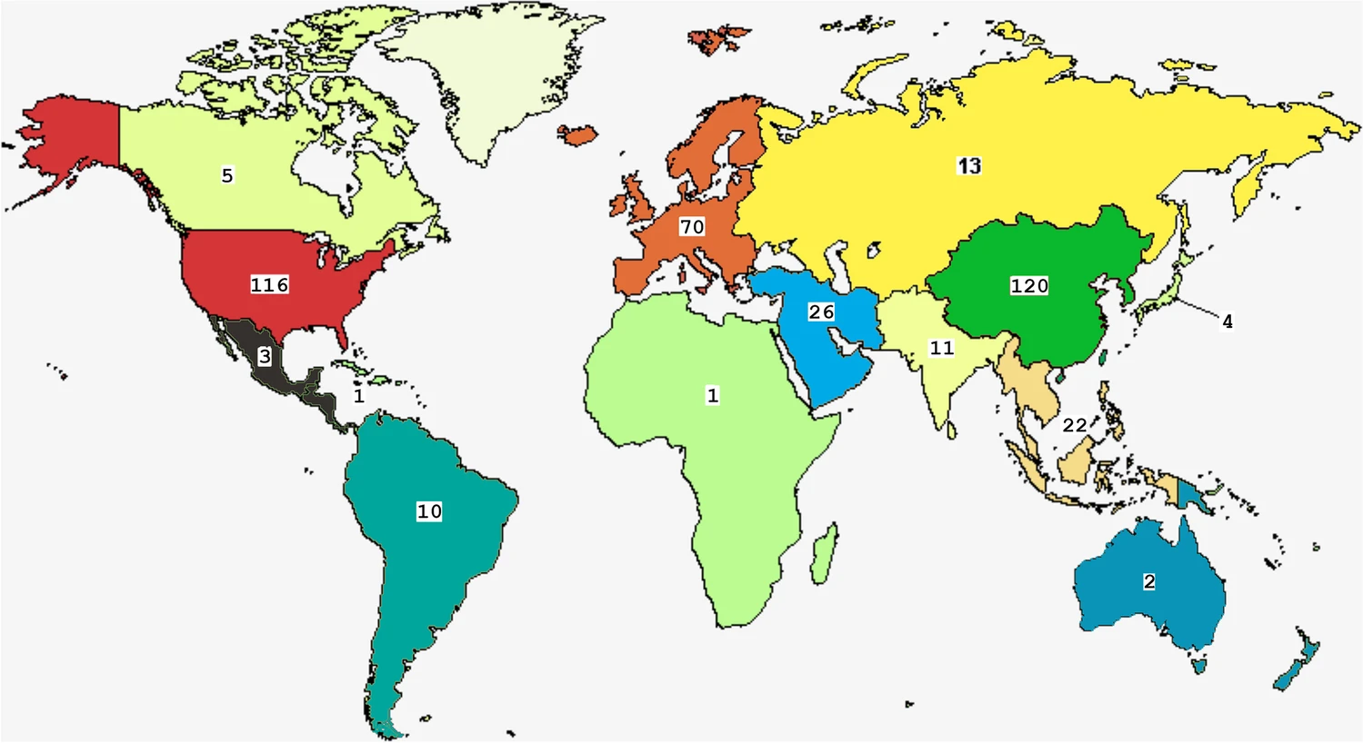 世界MSC臨床試驗的地理分布。世界地圖來自 clinicaltrials.gov