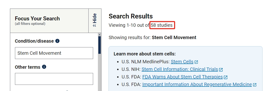 clinicaltrials.gov網站上注冊的有關干細胞治療運動損傷的臨床研究項目有58項