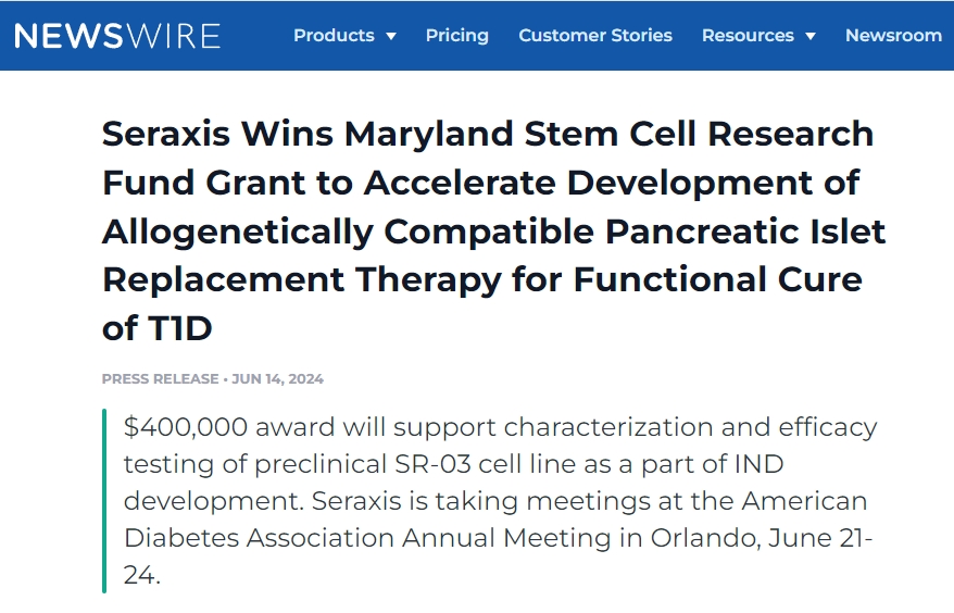 Seraxis 獲得馬里蘭州干細胞研究基金資助，加速開發(fā)同種異體相容性胰島替代療法，實現(xiàn) 1 型糖尿病功能性治愈