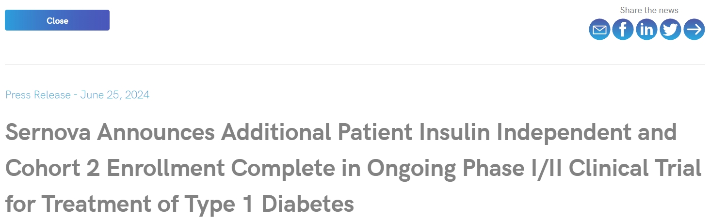 Sernova 宣布正在進行的 1/2 期臨床試驗中，額外的胰島素獨立患者和第 2 組患者入組已完成！用于治療 1 型糖尿病
