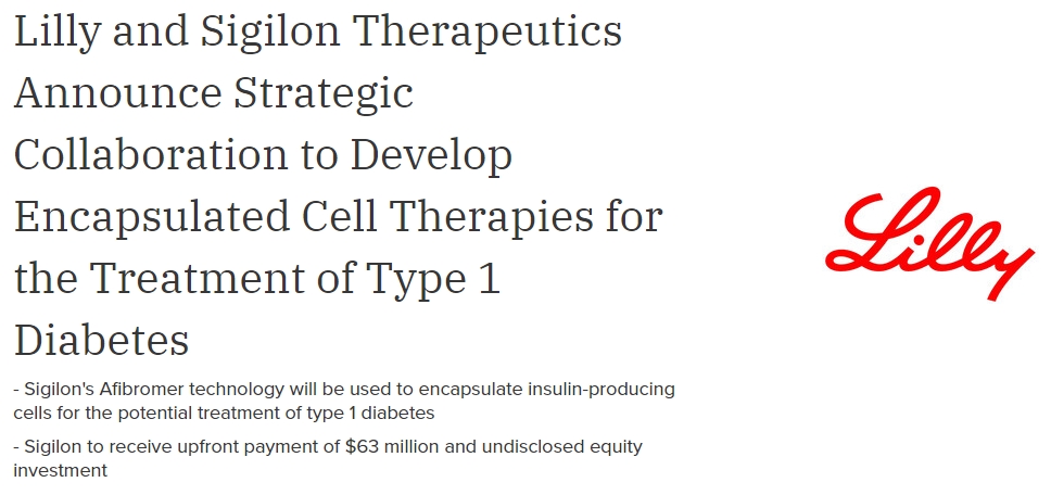 Lilly公司與 Sigilon Therapeutics 宣布開展戰(zhàn)略合作，開發(fā)用于治療 1 型糖尿病的封裝細胞療法