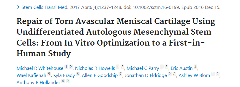 《使用未分化自體間充質(zhì)干細(xì)胞修復(fù)撕裂的無(wú)血管半月板軟骨：從體外優(yōu)化到首次人體研究》