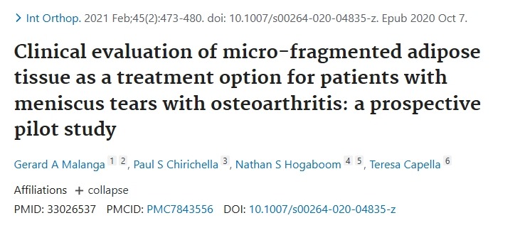 微碎屑脂肪組織作為半月板撕裂伴骨關(guān)節(jié)炎患者的治療選擇的臨床評價一項前瞻性試點研究
