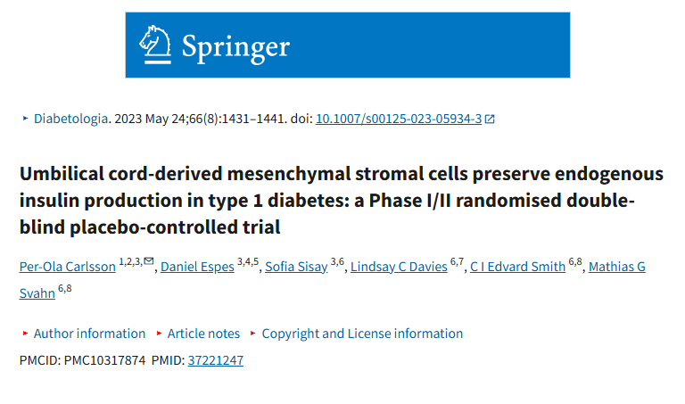 《臍帶間充質基質細胞保留 1 型糖尿病患者的內源性胰島素產生：一項 I/II 期隨機雙盲安慰劑對照試驗》