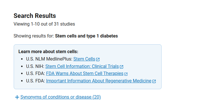 clinicaltrials.gov網站上注冊的有關干細胞治療1型糖尿病臨床研究項目有31項