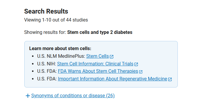 clinicaltrials.gov網(wǎng)站上注冊(cè)的有關(guān)干細(xì)胞治療2型糖尿病臨床研究項(xiàng)目有44項(xiàng)