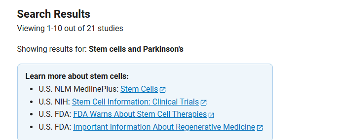 clinicaltrials.gov網(wǎng)站上注冊的有關(guān)干細(xì)胞治療帕金森臨床研究項(xiàng)目有21項(xiàng)