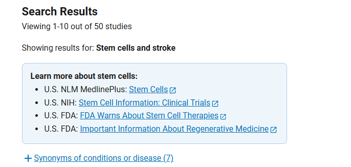 clinicaltrials.gov網(wǎng)站上注冊(cè)的有關(guān)干細(xì)胞治療中風(fēng)臨床研究項(xiàng)目有50項(xiàng)