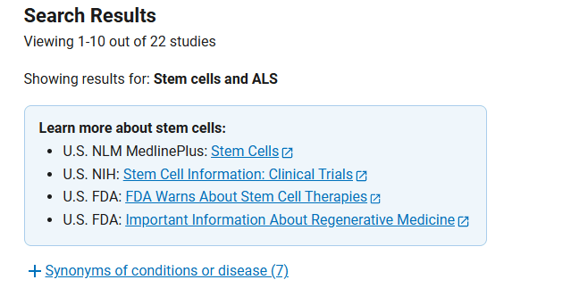 clinicaltrials.gov網(wǎng)站上注冊(cè)的有關(guān)干細(xì)胞治療漸凍癥臨床研究項(xiàng)目有22項(xiàng) 