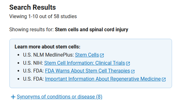 clinicaltrials.gov網(wǎng)站上注冊的有關(guān)干細(xì)胞治療脊髓損傷臨床研究項(xiàng)目有58項(xiàng) 