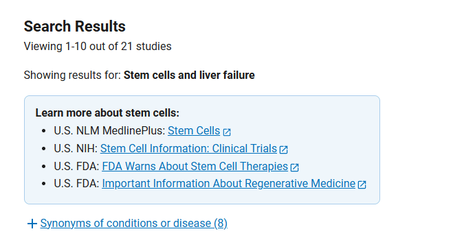 clinicaltrials.gov網(wǎng)站上注冊(cè)的有關(guān)干細(xì)胞治療肝衰竭臨床研究項(xiàng)目有21項(xiàng)