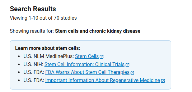 clinicaltrials.gov網(wǎng)站上注冊(cè)的有關(guān)干細(xì)胞治療慢性腎病臨床研究項(xiàng)目有70項(xiàng)