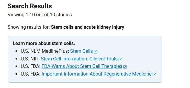 clinicaltrials.gov網(wǎng)站上注冊(cè)的有關(guān)干細(xì)胞治療急性腎損傷的臨床研究項(xiàng)目有10項(xiàng) 