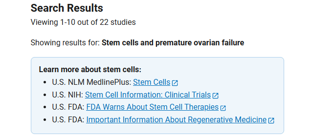 clinicaltrials.gov網(wǎng)站上注冊的有關(guān)干細(xì)胞治療卵巢早衰的臨床研究項(xiàng)目有22項(xiàng)