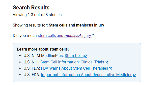 clinicaltrials.gov網(wǎng)站上注冊的有關(guān)干細胞治療半月板損傷的臨床研究項目有3項