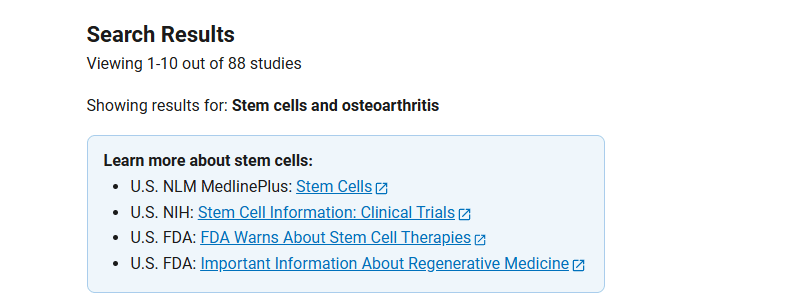 clinicaltrials.gov網(wǎng)站上注冊的有關(guān)干細胞治療骨關(guān)節(jié)炎的臨床研究項目有88項 