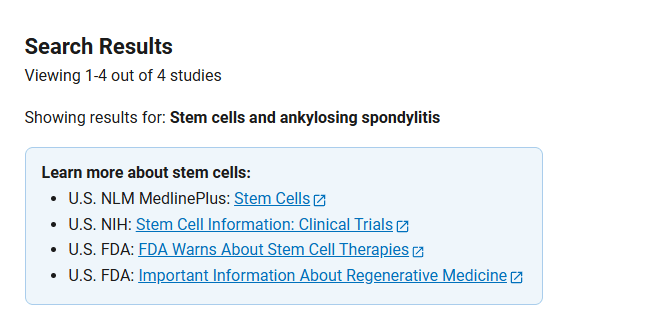 clinicaltrials.gov網(wǎng)站上注冊(cè)的有關(guān)干細(xì)胞治療強(qiáng)直性脊柱炎的臨床研究項(xiàng)目有4項(xiàng)