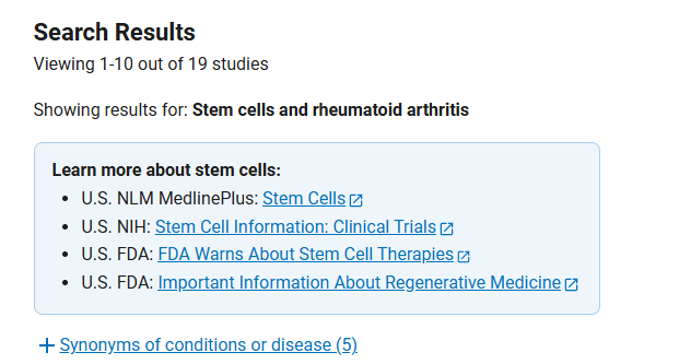 clinicaltrials.gov網(wǎng)站上注冊的有關(guān)干細(xì)胞治療類風(fēng)濕關(guān)節(jié)炎的臨床研究項目有19項 