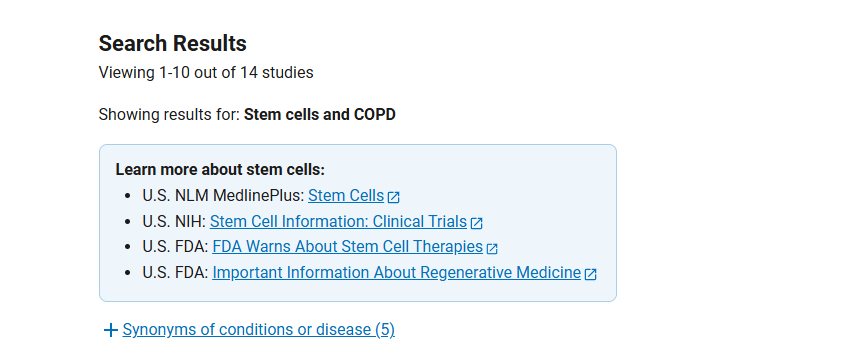 clinicaltrials.gov網站上注冊的有關干細胞治療慢阻肺的臨床研究項目有14項