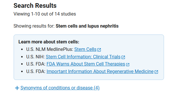 clinicaltrials.gov網(wǎng)站上注冊的有關(guān)干細胞治療狼瘡性腎炎的臨床研究項目有14項 