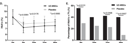 
圖4：使用UC-MSCs或安慰劑治療后的HbA1c水平