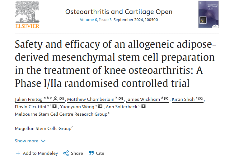 同種異體脂肪間充質(zhì)干細胞制劑治療膝關節(jié)骨關節(jié)炎的安全性和有效性：I/IIa 期隨機對照試驗