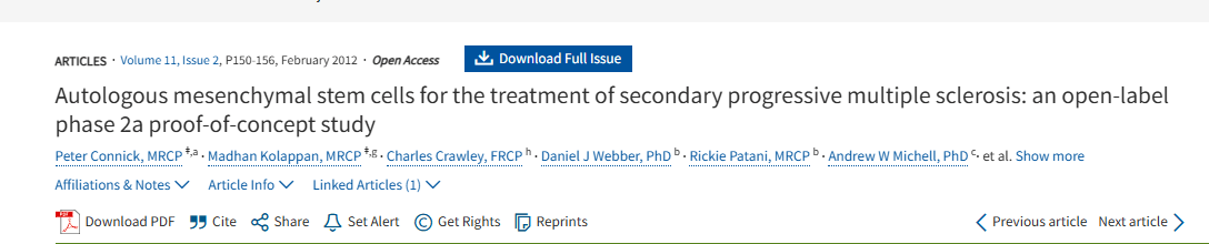 自體間充質(zhì)干細(xì)胞治療繼發(fā)性進(jìn)行性多發(fā)性硬化癥：一項(xiàng)開(kāi)放標(biāo)簽 2a 期概念驗(yàn)證研究