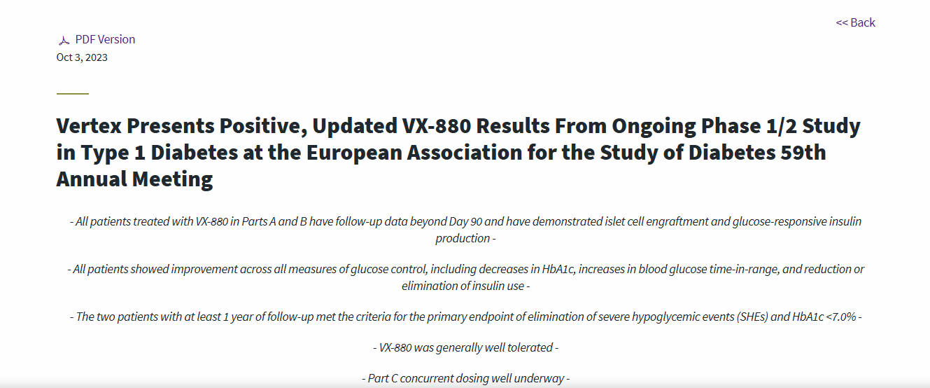 波士頓(BUSINESS WIRE)2023 年 10 月 3 日--?Vertex 制藥公司公布了 VX-880 1/2 期臨床試驗(yàn) A 和 B 部分患者的長期數(shù)據(jù)。