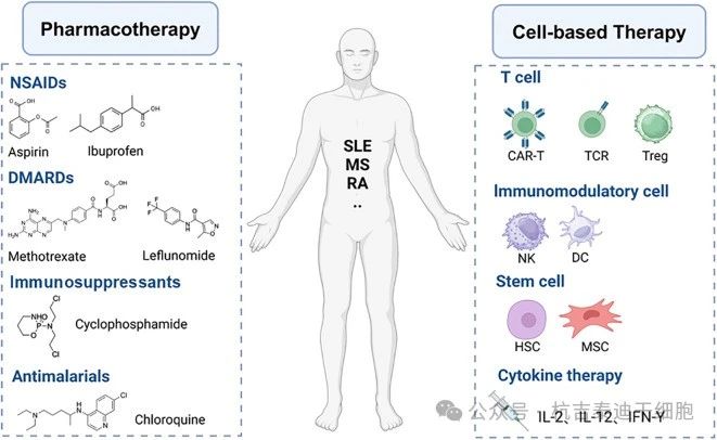 圖3：自身免疫性疾病的藥物治療和細胞治療。