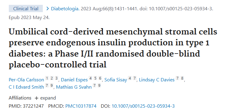 臍帶間充質(zhì)基質(zhì)細(xì)胞保留 1 型糖尿病患者的內(nèi)源性胰島素產(chǎn)生：一項 I/II 期隨機(jī)雙盲安慰劑對照試驗