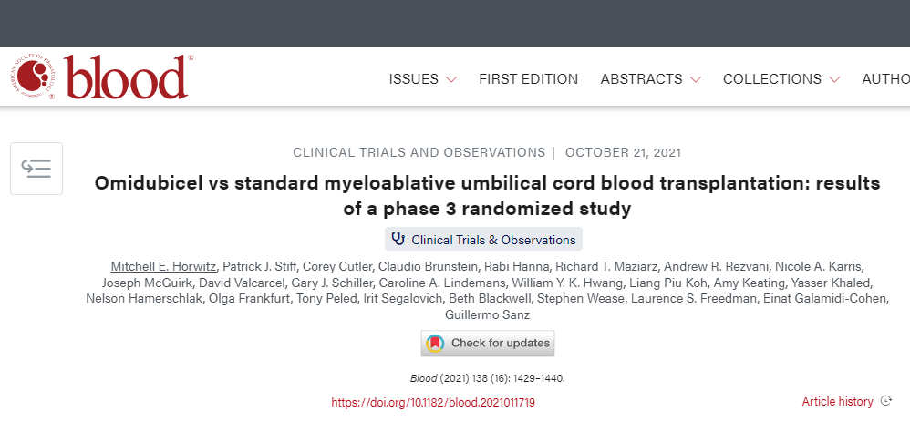 Omidubicel對比標(biāo)準(zhǔn)清髓性臍帶血移植：一項3期隨機(jī)研究的結(jié)果