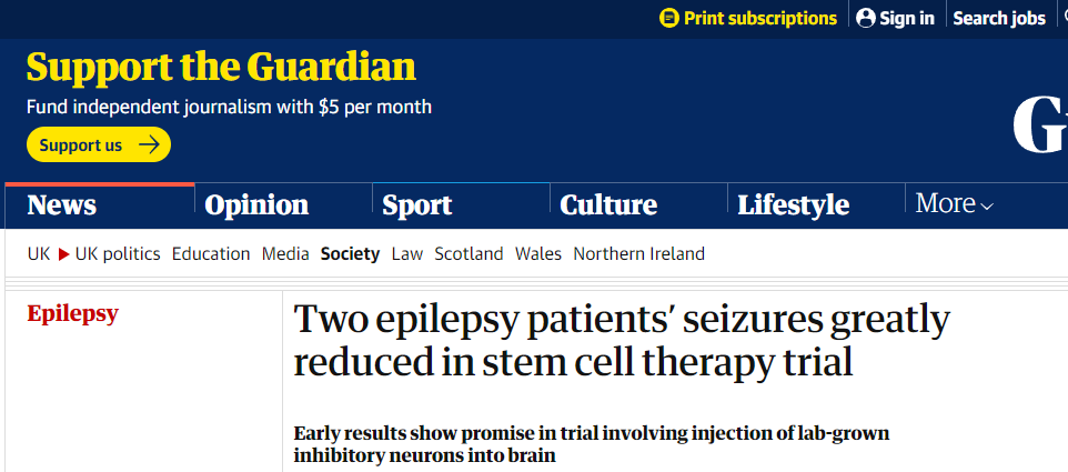英國《衛(wèi)報》：兩名癲癇患者的癲癇發(fā)作在干細(xì)胞治療試驗中大大減少
