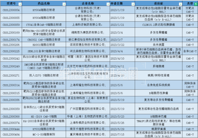 表1：CAR-T受理新藥申請