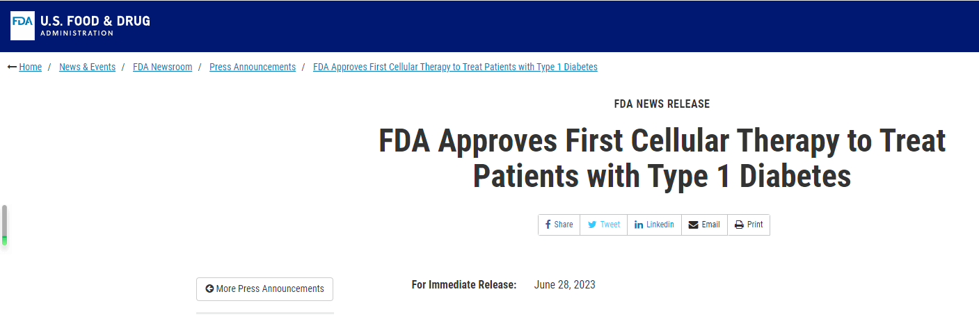 FDA批準(zhǔn)首個(gè)細(xì)胞療法治療1型糖尿病患者