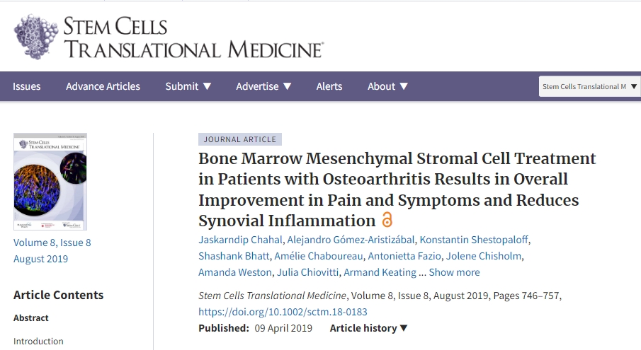 干細(xì)胞治療骨關(guān)節(jié)炎患者可全面改善疼痛和癥狀并減少滑膜炎癥