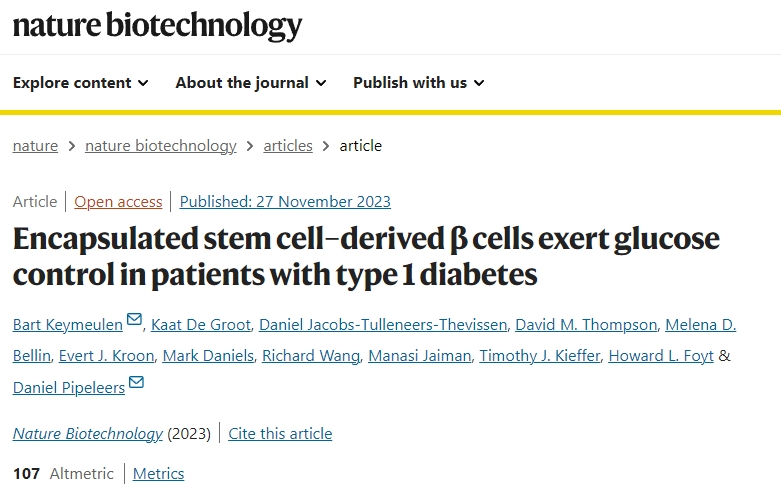 標(biāo)題：封裝的干細(xì)胞衍生β細(xì)胞能控制1型糖尿病患者的血糖