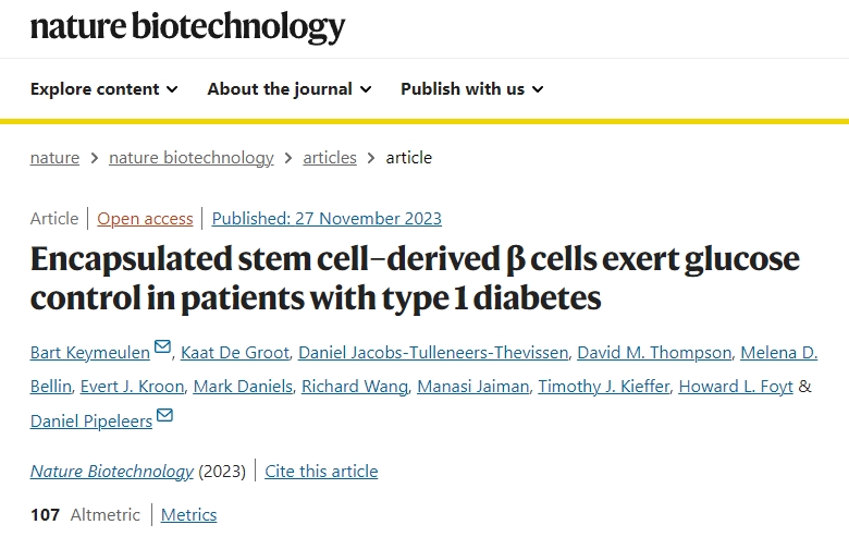 封裝干細(xì)胞衍生的β細(xì)胞對(duì)1型糖尿病患者發(fā)揮血糖控制作用