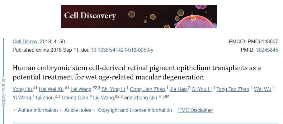 人類胚胎干細(xì)胞來(lái)源的視網(wǎng)膜色素上皮移植作為濕性年齡相關(guān)性黃斑變性的潛在治療方法