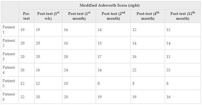 表8：每位患者的改良Ashworth評分正確值。