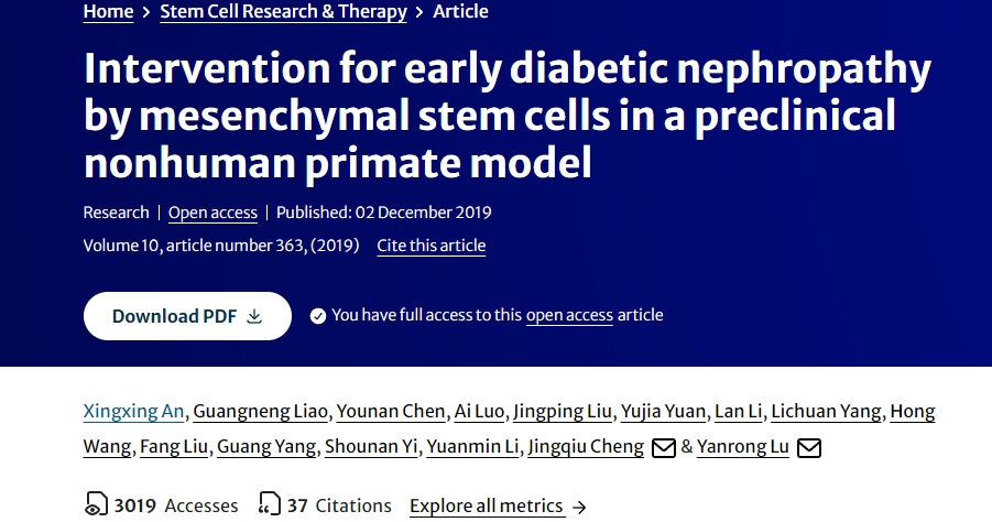 間充質(zhì)干細(xì)胞在臨床前非人類靈長(zhǎng)類動(dòng)物模型中對(duì)早期糖尿病腎病的干預(yù)