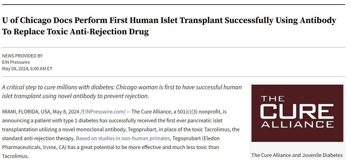 芝加哥大學醫(yī)生成功實施首例人類胰島移植手術，使用抗體替代有毒抗排斥藥物
