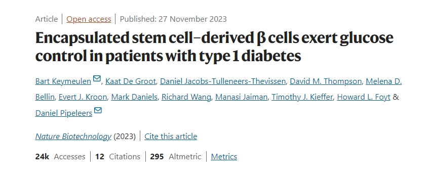 封裝的干細胞衍生β細胞在1型糖尿病患者中發(fā)揮血糖控制作用
