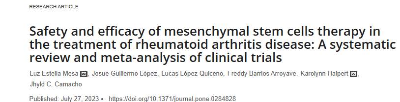 2023年7月，BioXscience 先進療法和轉(zhuǎn)化醫(yī)學的研究人員在《PLOS ONE》上發(fā)布了一篇《間充質(zhì)干細胞治療類風濕關節(jié)炎疾病的安全性和有效性：臨床試驗的系統(tǒng)評價和薈萃分析》的研究結(jié)果。