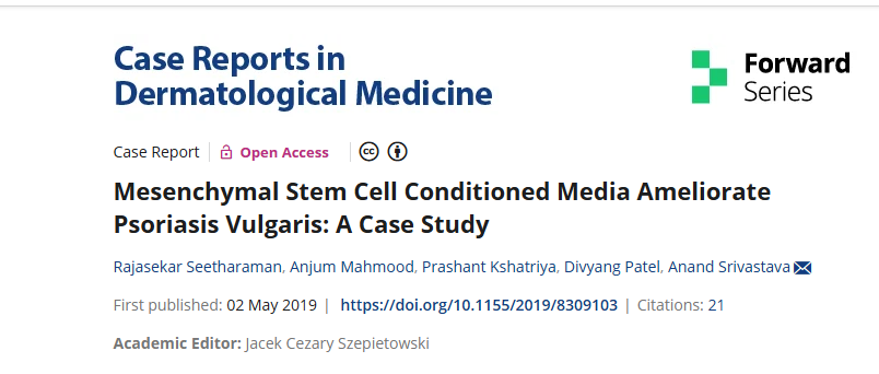 2019年5月2日，全球干細胞治療與研究研究所在國際期刊《Case Reports inDermatological Medicine》上發(fā)布了一篇《間充質(zhì)干細胞條件培養(yǎng)基改善尋常型銀屑病：案例研究》的研究結(jié)果。