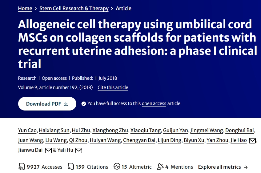 使用臍帶MSCs在膠原支架上進(jìn)行異基因細(xì)胞治療復(fù)發(fā)性宮粘連患者：一項(xiàng)I期臨床試驗(yàn)