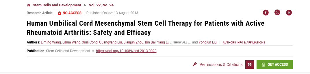 2013年8月13日，中國人民解放軍第323醫(yī)院在國際期刊《Stem cells and development》上發(fā)布了一篇《人臍帶間充質干細胞治療活動性類風濕關節(jié)炎患者的安全性和有效性》的研究結果。