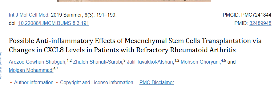 2019年，伊朗馬什哈德醫(yī)科大學在國際期刊《International Journal of Molecular and Cellular Medicine》發(fā)布了一篇《間充質干細胞移植可能通過改變難治性類風濕關節(jié)炎患者的 CXCL8 水平發(fā)揮抗炎作用》的研究結果。