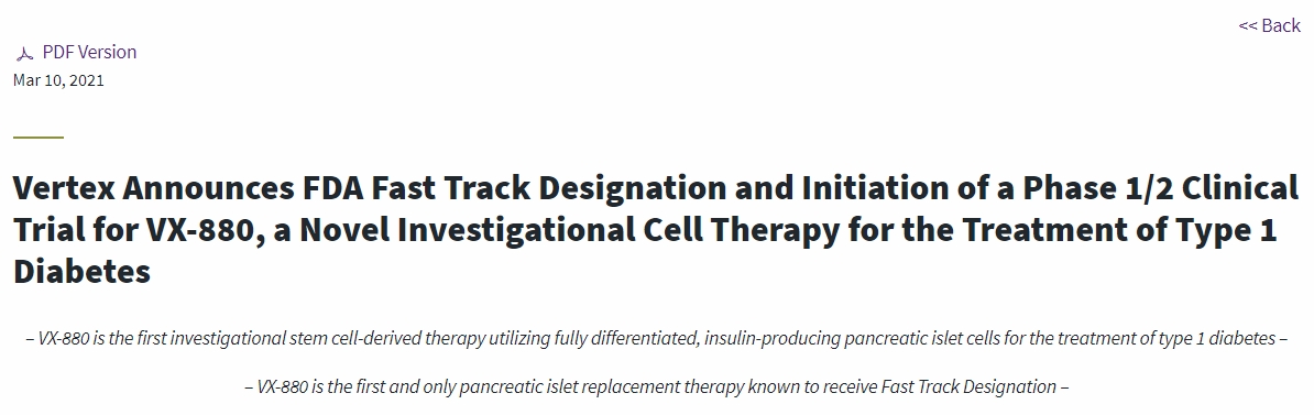 Vertex宣布獲得FDA快速通道認(rèn)定并啟動VX-880的1/2期臨床試驗