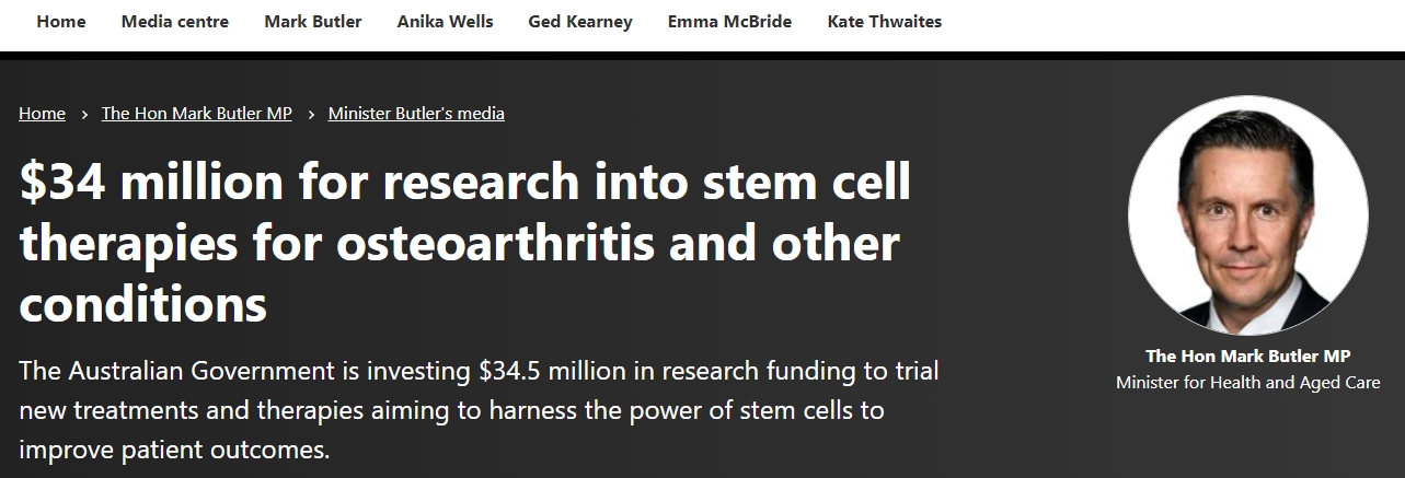 澳大利亞政府：投資3400萬(wàn)美元用于骨關(guān)節(jié)炎和其他疾病的干細(xì)胞療法研究