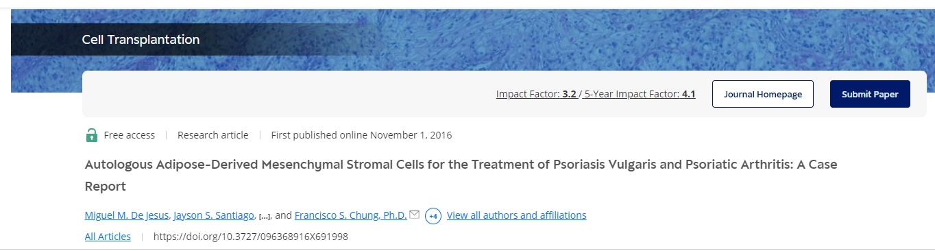 2016年，在國際期刊“Cell Transplantation”上發(fā)布了《自體脂肪來源的間充質(zhì)基質(zhì)細(xì)胞治療尋常型銀屑病和銀屑病關(guān)節(jié)炎：病例報(bào)告》的研究結(jié)果。